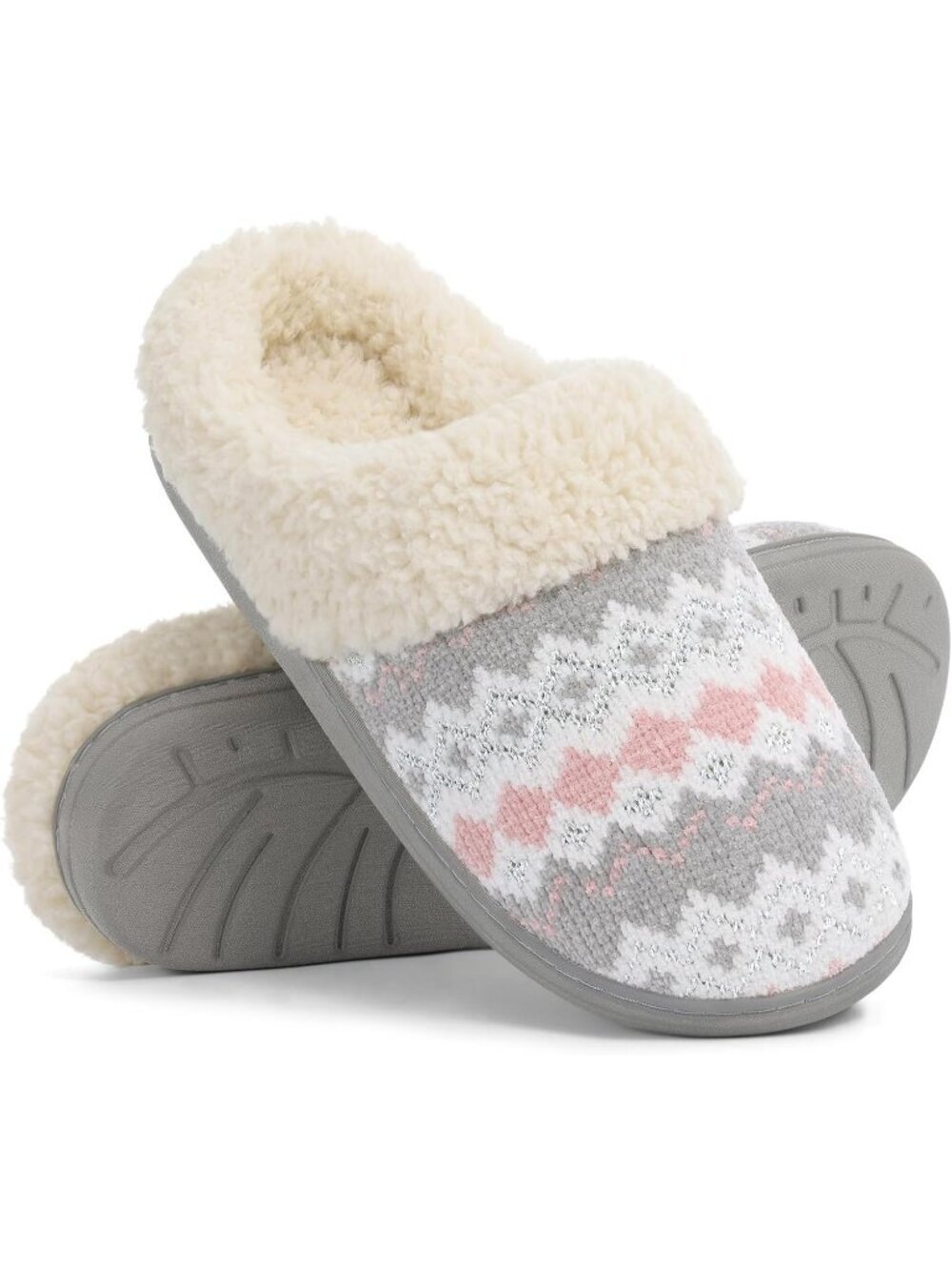 Women's Boho Pink Gray Comfy Wool Like Lined Closed Toe Warm Knit Slipper Shoes